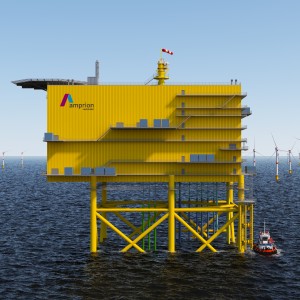 as Bild zeigt eine große, gelbe Offshore-Konverterplattform mit der Aufschrift „Amprion Offshore“, die auf hohen, gelben Stahlstützen über dem Meer errichtet ist. Eine Treppenstruktur mit mehreren Ebenen führt an der Seite nach oben. Oben auf der Plattform befindet sich eine Windrichtungsanzeige in Form eines rot-weiß gestreiften Windsacks.
Im Hintergrund erstreckt sich ein weitläufiger Offshore-Windpark mit zahlreichen Windkraftanlagen, deren Rotorblätter sich über der Wasseroberfläche drehen. Ein kleines rotes und weißes Versorgungsschiff fährt in Richtung der Plattform. Der Himmel ist klar und blau, das Meer ruhig mit kleinen Wellen.