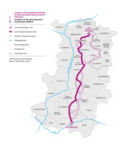 Diese Karte zeigt den Vorschlagstrassenkorridor für ein Netzausbauprojekt zwischen Westerkappeln und Gersteinwerk (BBPlG Vorhaben Nr. 89).
Elemente:
Dunkellila: Haupttrassenkorridor.
Helllila: Weitere Trassenoptionen.
Blau: Fließgewässer, u. a. der Mittellandkanal.
Grenzen: Gemeinde-, Kreis- und Landesgrenzen.
Diese Karte zeigt eine schematische Darstellung des geplanten Netzausbaus im September 2024.