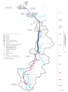 Die Karte zeigt eine schematische Darstellung von Stromtrassen und Netzausbauprojekten in Deutschland, insbesondere im Zusammenhang mit Offshore-Windenergie und Netzanbindung.
Wichtige Elemente der Karte:
Farbcodierte Stromtrassen:
Magenta: A-Nord
Türkis: DolWin4
Blau: BorWin4
Schwarz: Ultranet
Symbole für verschiedene Infrastrukturpunkte:
Quadrate: Konverterstationen (z. B. „Konverter Emden“, „Konverter Lingen“)
Kreise: Netzverknüpfungspunkte (NVP)
Dreiecke: Kabel-Kabel-Übergabestationen (KKÜS)
Geografische Gliederung:
Küstenregion mit Offshore-Windparks in der Nordsee.
Verlauf der Stromtrassen durch Niedersachsen und Nordrhein-Westfalen.
Eingetragene Flüsse wie die Ems und der Rhein.
Wichtige Städte und Landkreise entlang der Strecke.
Rechte Seite: Abschnittsweise Einteilung des Projekts (z. B. NDS1, NDS2, NRW1, NRW2).
Zweck der Karte:
Diese Darstellung veranschaulicht die geplanten und bestehenden Netzausbauprojekte, die Windstrom von der Nordsee in den Süden Deutschlands transportieren sollen.