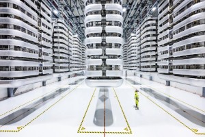 Das Bild zeigt das Innere eines HVDC-Umrichtersystems in einer HGÜ-Konverterstation (Hochspannungs-Gleichstrom-Übertragung).
Beschreibung der Szene:
Zentrale Hochspannungs-Komponenten:
Links und rechts sind mehrere Reihen von Umrichterventilen gestapelt. Diese bestehen aus metallischen, gerundeten Strukturen mit eingebauten Leistungshalbleitern (z. B. Thyristoren oder IGBTs).
In der Mitte hängt ein besonders großes Modul, das vermutlich Teil des Umrichtersystems ist.
Boden und Sicherheitsbereich:
Der weiße, reflektierende Boden verstärkt das helle Licht und sorgt für eine sterile Umgebung.
Gelb-schwarze Markierungen kennzeichnen den Sicherheitsbereich, da hier hohe Spannungen auftreten.
Menschlicher Maßstab:
Eine Person in gelber Schutzkleidung mit Helm und Sicherheitsbrille steht in der Mitte und wirkt im Vergleich zur Anlage klein.
Die Anwesenheit des Mitarbeiters verdeutlicht die gigantische Dimension der HVDC-Technologie.
Umgebung:
Die Halle ist hochmodern, sauber und intensiv beleuchtet.
Zahlreiche Kabel und Leitungen verlaufen an der Decke, vermutlich für die Stromversorgung und Steuerung der Umrichtertechnik.