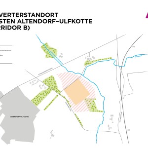 Die Karte zeigt den geplanten Konverterstandort Dorsten Altendorf-Ulfkotte (Korridor B), ein Projekt des Netzbetreibers Amprion.
Kartenelemente und Legende:
Konverterstandort (beige Fläche): Markiert die geplante Position der Konverteranlage.
Ursprünglicher Untersuchungsraum (schraffierte Fläche): Zeigt das Gebiet, das für die Standortsuche betrachtet wurde.
Siedlungen (graue Flächen): Darstellung bebauter Gebiete, insbesondere Altendorf-Ulfkotte im Südwesten.
Straßen und Autobahnen (schwarze Linien):
Altenforfer Straße führt durch das Gebiet.
A52 verläuft östlich des geplanten Standorts.
Fließgewässer (blaue Linien):
Rennbach im Osten.
Barloer Mühlenbach im Norden.
Waldflächen (grüne Punkte): Zeigen bewaldete Gebiete rund um den Konverterstandort.