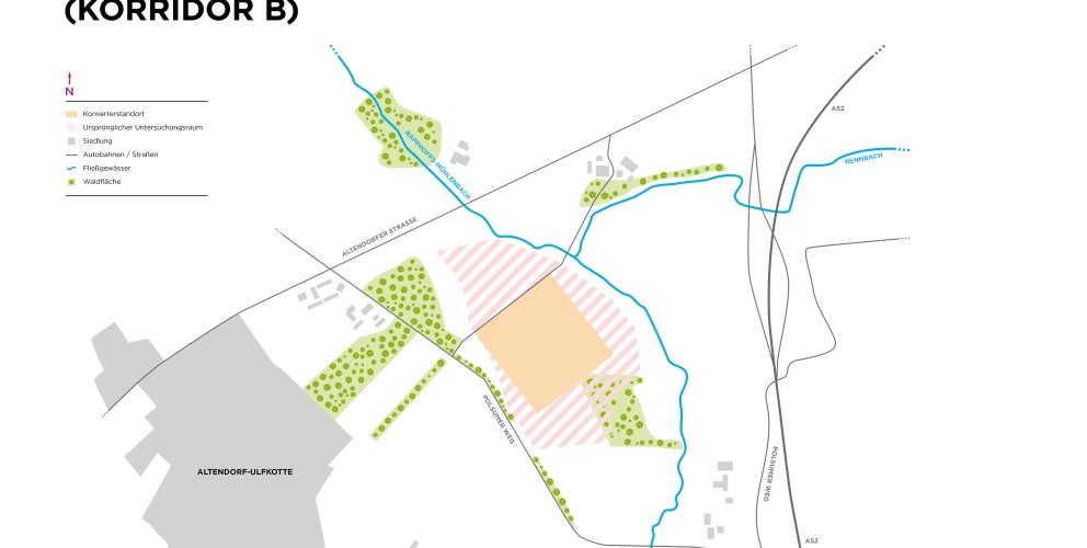 Die Karte zeigt den geplanten Konverterstandort Dorsten Altendorf-Ulfkotte (Korridor B), ein Projekt des Netzbetreibers Amprion.
Kartenelemente und Legende:
Konverterstandort (beige Fläche): Markiert die geplante Position der Konverteranlage.
Ursprünglicher Untersuchungsraum (schraffierte Fläche): Zeigt das Gebiet, das für die Standortsuche betrachtet wurde.
Siedlungen (graue Flächen): Darstellung bebauter Gebiete, insbesondere Altendorf-Ulfkotte im Südwesten.
Straßen und Autobahnen (schwarze Linien):
Altenforfer Straße führt durch das Gebiet.
A52 verläuft östlich des geplanten Standorts.
Fließgewässer (blaue Linien):
Rennbach im Osten.
Barloer Mühlenbach im Norden.
Waldflächen (grüne Punkte): Zeigen bewaldete Gebiete rund um den Konverterstandort.