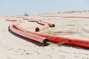 Das Bild zeigt eine Baustelle zur Verlegung großer Kabel an einem Sandstrand.
Beschreibung:
Mehrere lange, orangefarbene Rohre oder Kabel schlängeln sich über den Sand.
Die Kabel sind teilweise mit grünen Gurten zusammengebunden.
Im Hintergrund sind ein Bagger und ein Transportfahrzeug zu sehen.
Reifenspuren auf dem Sand deuten auf laufende Bauarbeiten hin.
Die Landschaft ist flach mit einigen Dünen und Vegetation im Hintergrund.

