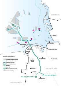 Eine schematische Karte zeigt Offshore-Windpark-Gebiete in der Nordsee und den Verlauf von Seekabel- und Erdkabeltrassen (grüne Linien) durch Norddeutschland. Städte und Netzverknüpfungspunkte sind eingezeichnet.