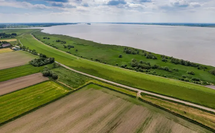 Blick über die Elbe bei Wewelsfleth an einem sonnigen Tag. Im Vordergrund liegt ein grasbewachsener Deich, dahinter der breite Fluss. Am gegenüberliegenden Ufer stehen vereinzelte Bäume und Häuser, rechts ist ein Windrad sichtbar. Der Himmel ist fast wolkenlos und spiegelt sich teilweise im Wasser.