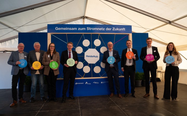 Gruppe von neun Personen steht vor einer blauen Tafel mit dem Schriftzug 'Gemeinsam zum Stromnetz der Zukunft' und hält bunte runde Schilder mit verschiedenen Symbolen wie Stromnetz, Windkraft und Haus