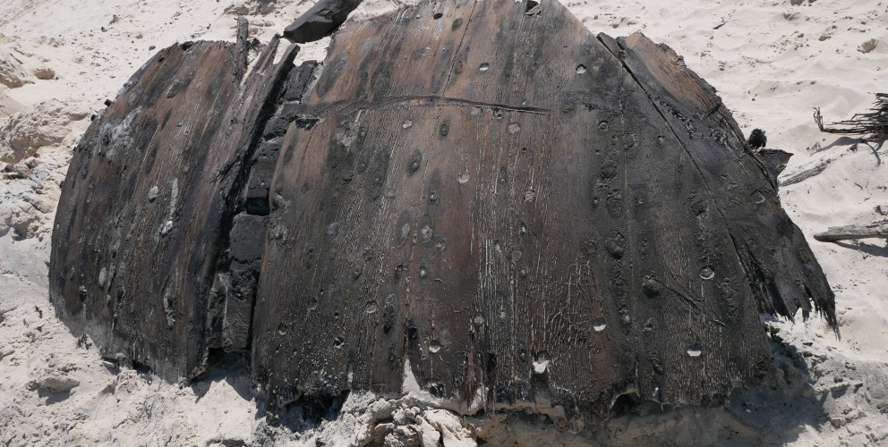 Ein großes, halbrundes Fragment aus dunklem, verwittertem Holz – vermutlich Teil eines Schiffswracks – liegt eingebettet in feinkörnigem, hellem Dünensand