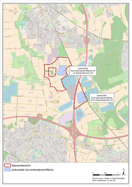 Der Kartenausschnitt zeigt die potentielle Konverterstandortfläche.