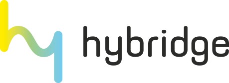 Das hybridge-Logo. Ein Schritzug mit einem gelb-grünen zusammengesetzten kleinem "h" und kleinem "y".