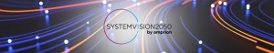 Die computergenerierte Illustration zeigt zusammenlaufende blaue und rote Linien mit hellen Punkten, davor das Logo der Systemvision 2050: ein mehrfarbiger Kreis. Darin der Schriftzug "systemvision 2050 by amprion".