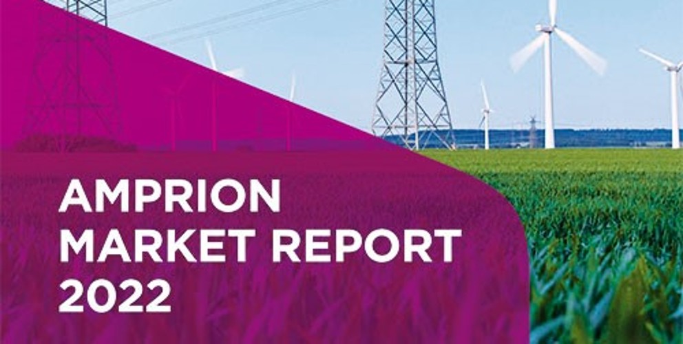 Cover des Marktberichts 2022. Eine Trasse auf grüner Wiese, im Hintergrund Windkraftanlagen.