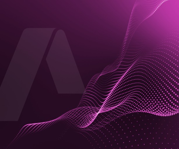 
Auf dem Bild ist eine abstrakte, digitale Darstellung zu sehen. Der Hintergrund ist in dunklen Violett- und Purpurtönen gehalten. Im linken oberen Bereich ist das helle, transparente Logo von Amprion zu erkennen, das an einen stilisierten Buchstaben A erinnert.
Von links unten nach rechts oben erstreckt sich eine leuchtend pinkfarbene Welle, die aus zahlreichen kleinen Punkten besteht. Diese Punkte bilden eine dynamische, wellenförmige Struktur, die sich nach rechts hin auflöst. 