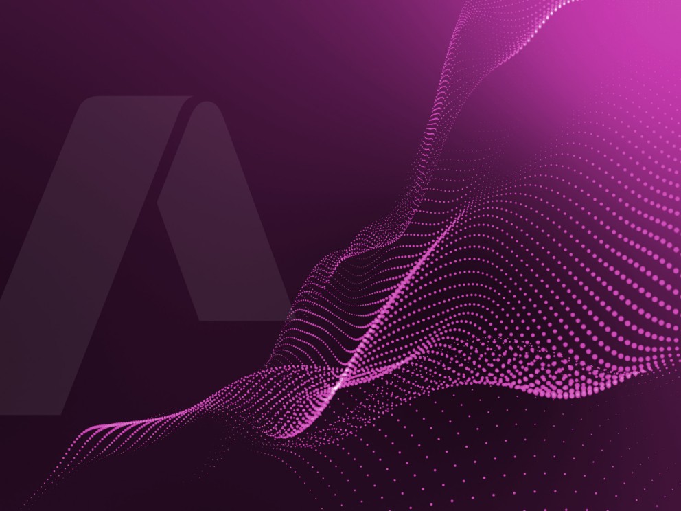 
Auf dem Bild ist eine abstrakte, digitale Darstellung zu sehen. Der Hintergrund ist in dunklen Violett- und Purpurtönen gehalten. Im linken oberen Bereich ist das helle, transparente Logo von Amprion zu erkennen, das an einen stilisierten Buchstaben A erinnert.
Von links unten nach rechts oben erstreckt sich eine leuchtend pinkfarbene Welle, die aus zahlreichen kleinen Punkten besteht. Diese Punkte bilden eine dynamische, wellenförmige Struktur, die sich nach rechts hin auflöst. 