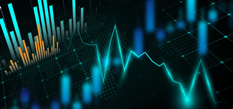 Im Vordergrund befindet sich eine leuchtend türkisfarbene, gezackte Linie, die eine Wellenform bildet. Im Hintergrund sind verschiedene Balkendiagramme zu sehen. Links oben gibt es ein vertikales Balkendiagramm, bei dem die Balken abwechselnd in Türkis und Orange eingefärbt sind. Rechts davon sind vertikale Balken in verschiedenen Blautönen und Helligkeiten schwebend dargestellt. Der gesamte Hintergrund ist ein dunkles Raster mit hellen Gitterlinien und Punkten