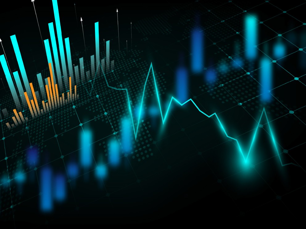 Im Vordergrund befindet sich eine leuchtend türkisfarbene, gezackte Linie, die eine Wellenform bildet. Im Hintergrund sind verschiedene Balkendiagramme zu sehen. Links oben gibt es ein vertikales Balkendiagramm, bei dem die Balken abwechselnd in Türkis und Orange eingefärbt sind. Rechts davon sind vertikale Balken in verschiedenen Blautönen und Helligkeiten schwebend dargestellt. Der gesamte Hintergrund ist ein dunkles Raster mit hellen Gitterlinien und Punkten