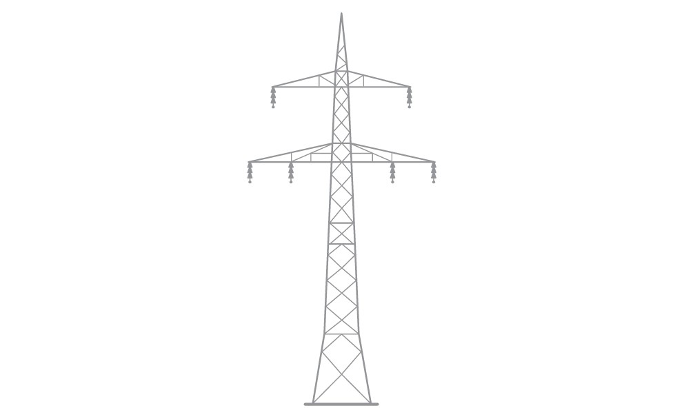 Schematische Darstellung eines elektrischen Freileitungsmastes in grauer Strichgrafik auf weißem Hintergrund.