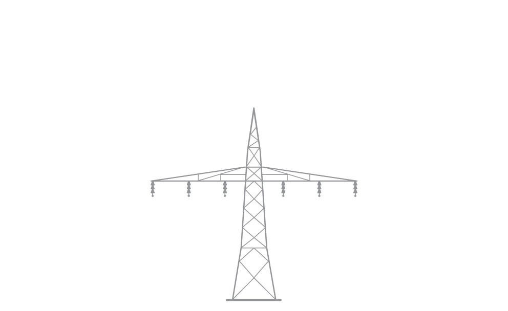 Schematische Darstellung eines elektrischen Freileitungsmastes in grauer Strichgrafik auf weißem Hintergrund.