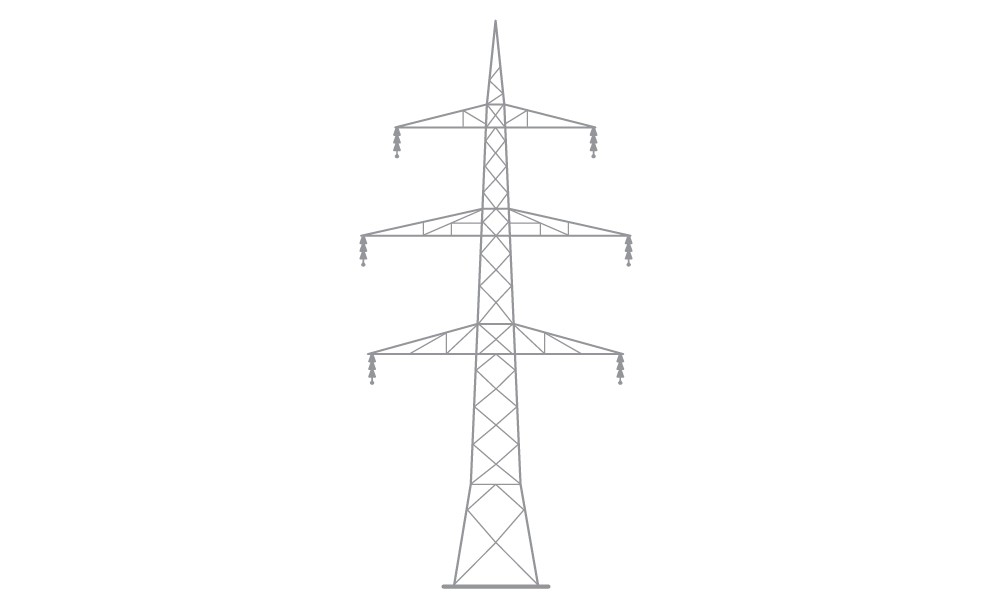 Schematische Darstellung eines elektrischen Freileitungsmastes in grauer Strichgrafik auf weißem Hintergrund.