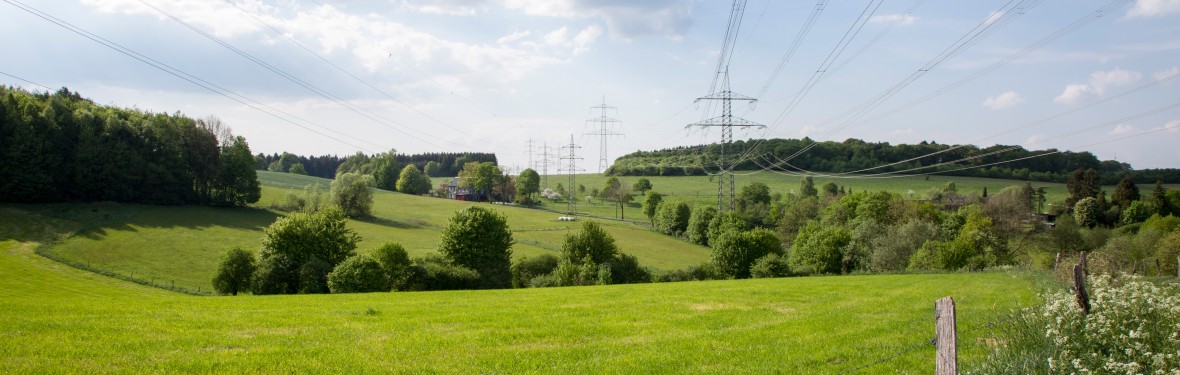 Beginn der Bildbeschreibung:
Auf dem Bild im Querformat ist eine vom Betrachter her in die Ferne laufende Stromtrasse in einer idyllischen hügeligen und grünen Frühlingslandschaft mit Waldsäumen und einzelnen Bäumen sowie Büschen zu erkennen.
Ender der Bildbeschreibung