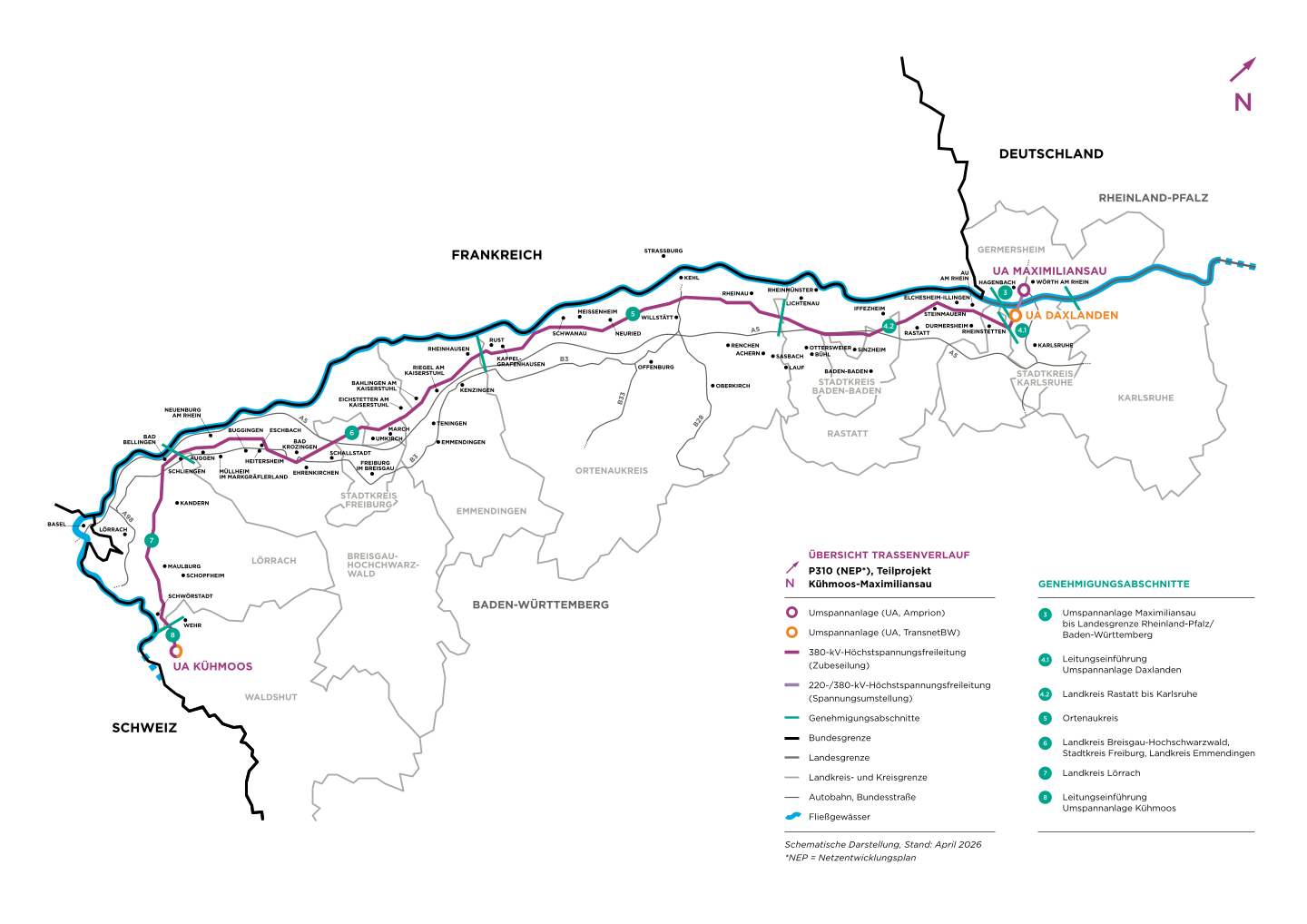 Schematische Karte zum Übersichtstrassenverlauf P310 und Netzentwicklungsplan Kühmoos-Maximiliansau in Baden-Württemberg mit Genehmigungsabschnitten. Detaillierte Textbeschreibung direkt folgend.