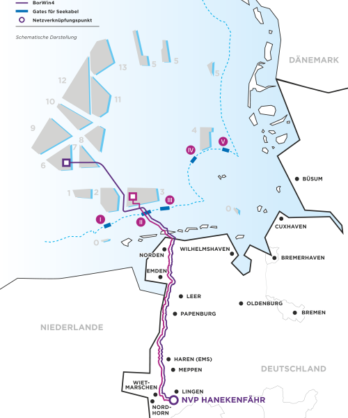 Eine schematische Karte zur Planung von DolWin4 und BorWin4 mit einem größeren geografischen Ausschnitt. Zusätzlich zu den vorherigen Markierungen sind hier auch Küstenorte wie Wilhelmshaven, Cuxhaven und Bremerhaven eingezeichnet. Die Seekabel-Trassen sind erneut in Lila (DolWin4) und Blau (BorWin4) dargestellt und führen von mehreren Offshore-Windparks in der Nordsee über das Küstenmeer an Land. Netzanbindungspunkte und Konverterstationen sind ebenfalls markiert.