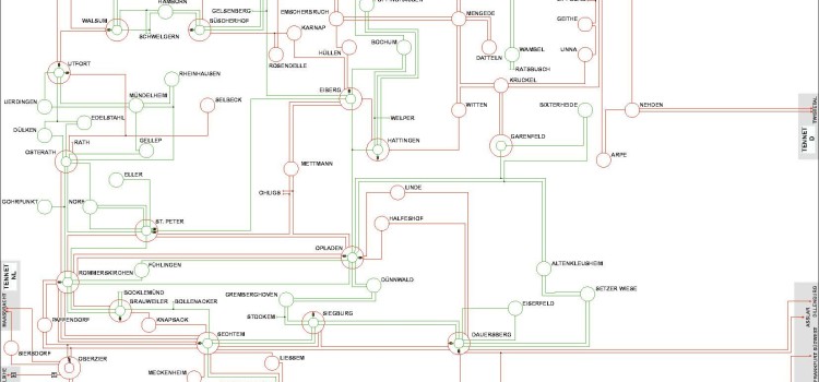 Das Bild zeigt ein schematisches Diagramm, das eine Übersicht über das Stromnetz von Amprion im Bereich von 380 kV und grenzüberschreitenden 220 kV Leitungen darstellt. Es handelt sich um eine komplexe Netzwerkkarte mit vielen verbundenen Punkten und Linien auf einem weißen Hintergrund.