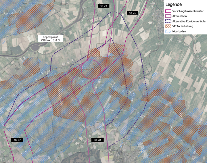Ausschnitt einer Karte mit eingezeichneten Korridorverläufen