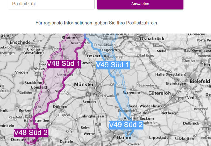 Bildschirmfoto von einem Kartenaausschnitt der südlichen Projektregion von Korridor B mit möglichen Korridorverläufen. Über dem Kartenausschnitt ist ein Suchfeld zu sehen, wo eine Postleitzahl eingegeben werden kann.