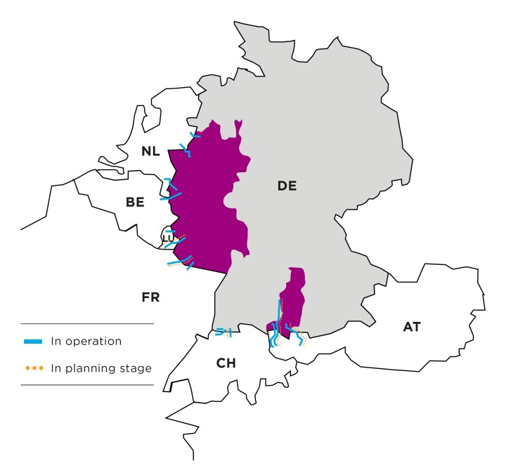 Map of interconnectors connecting the Amprion power grid with neighbouring national grids