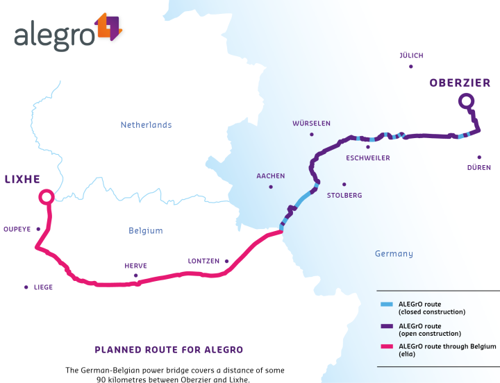 Route of ALEGrO, the German-Belgian power bridge between Oberzier and Lixhe.