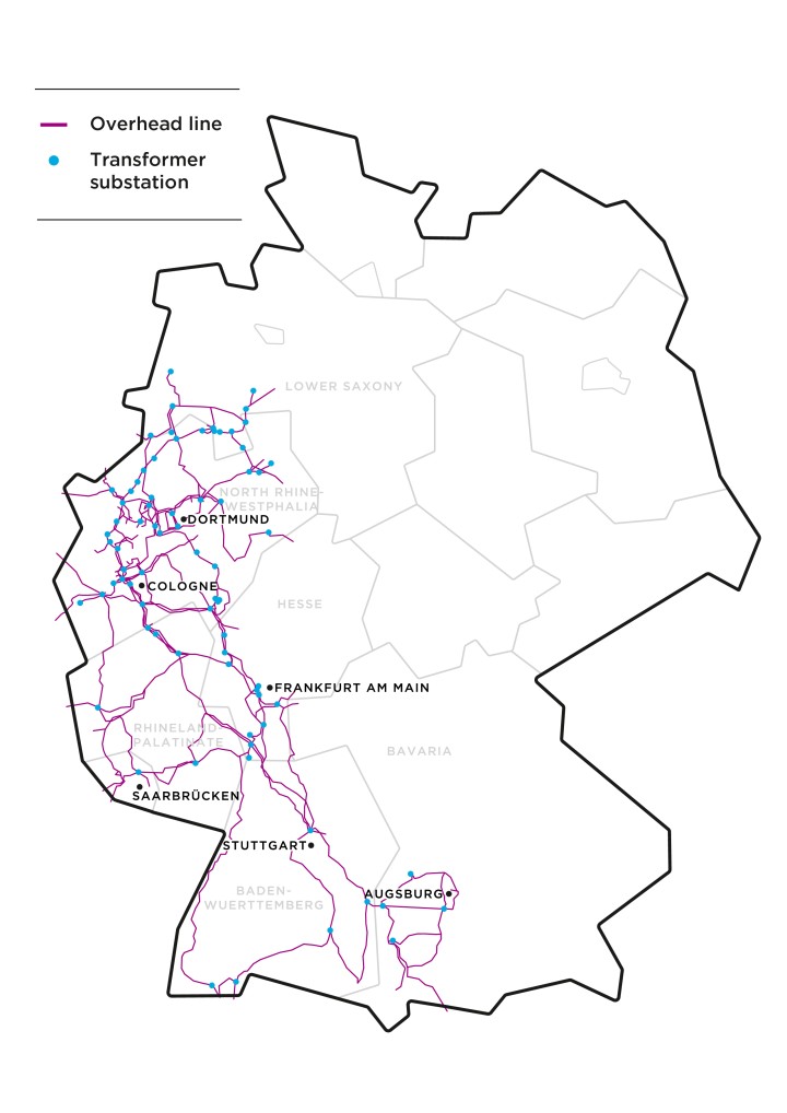 The picture shows a map of Germany. Amprion power lines are highlighted in pink, transformer substations are marked with blue dots.